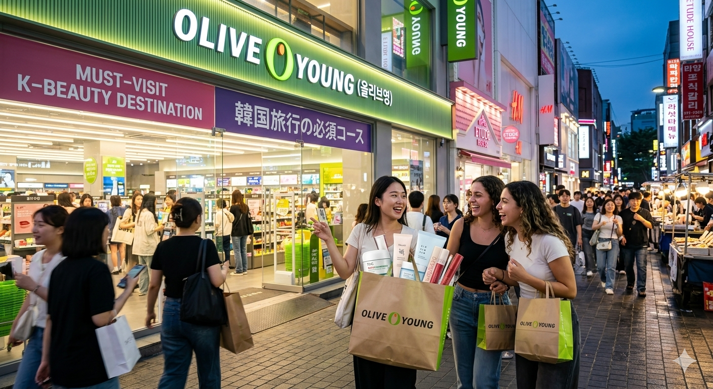 Foreign tourists happily shopping for K-beauty products at Olive Young, a must-visit destination in Korea